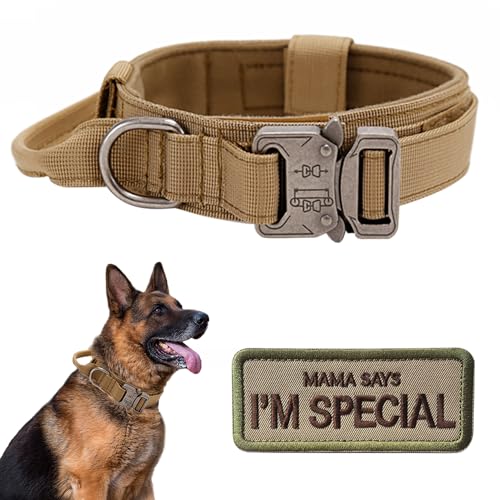 Periflowin Taktisches Hundehalsband mit Griff - Militärische Hundehalsbänder Verstellbares Trainingshalsband Weiches Nylon Hundehalsband Heavy Duty Metallschnalle mittelgroße große Hunde - mit Patch von Periflowin