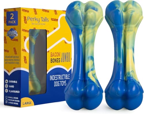 Perky Tails Robustes Hundespielzeug für große Hunde – Hartes Hundespielzeug, gebaut für aggressive Kauer und Hundesicht – Nylon-Kauspielzeug für Hunde mit köstlichem Speckgeschmack – robustes von Perky Tails