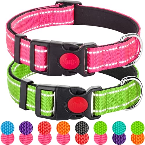 Hundehalsband, reflektierend, Nylon, langlebig, weich gepolstert, Neopren, für männliche und weibliche Hunde, Rosa, Grün, S, 2 Stück von Perperqer