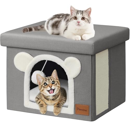 Persue Überdachtes Katzenhaus Katzenbett für Indoor-Katzen, multifunktionaler Wohnzimmer-Fußhocker, Katzenhütte mit doppelseitiger Matte und Katzenkratzbrett (Grau, Fußhocker, Katzenhaus) von Persure