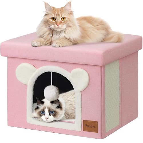 Persue Überdachtes Katzenhaus Katzenbett für Indoor-Katzen, multifunktionaler Wohnzimmer-Fußhocker, Katzenhütte mit doppelseitiger Matte und Katzenkratzbrett (Rosa, Fußhocker, Katzenhaus) von Persure