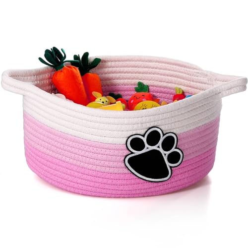 Perthlin Kleiner Geflochtener Aufbewahrungskorb mit Griff Süßer Katzenpfote Spielzeugkorb für Kinderzimmer Wohnzimmer Baby Wäschekorb für Kindergarten Leerer Geschenkkorb, 30 x 30 x 15 cm (Rosa) von Perthlin