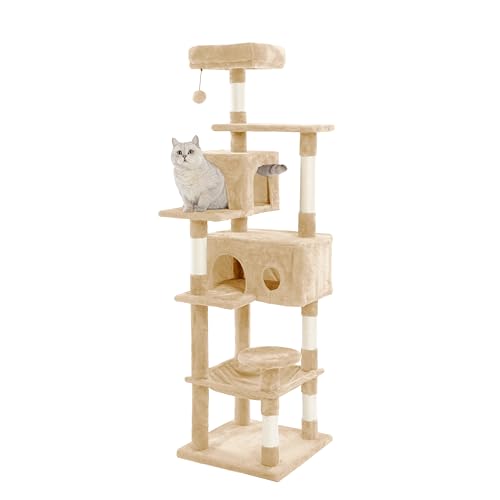 Pesofer 69 Zoll Katzenbaum Multi Ebenen Katze Condo Haus mit Sisal Kratzstämmen, Katzenhütte, Plüsch Sitzstange und Quadratische Hängematte Beige von Pesofer