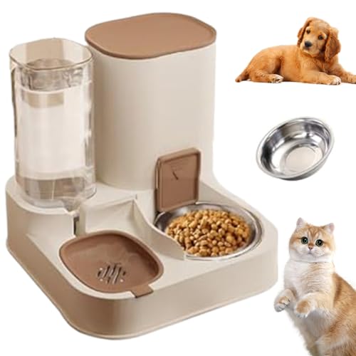 Automatische Katzenfutterautomaten 2 in 1 Edelstahl- und PP -Katze -Feeder- und Wasserspender abnehmbarer Katzenfutterspender für kleine Hunde und Katzen braune, automatische Futtermittel von Pesoncarl