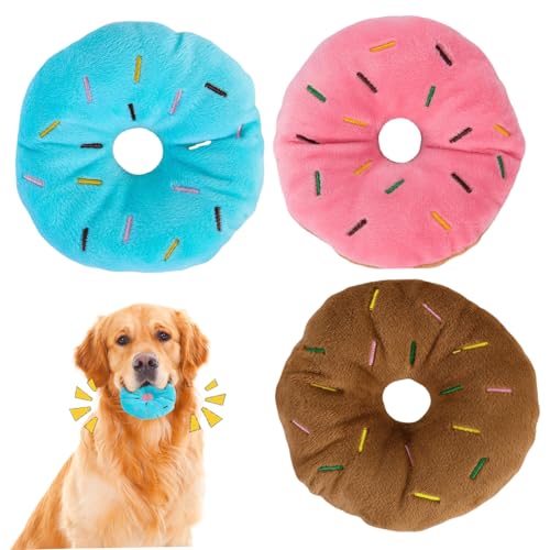 Pesoncarl 3pcs Hundekauenspielzeug, niedliche gefüllte Donut-geformte, quietschende Hundespielzeug 4-5 BITE-Resistent Plüsch Interaktiv zum Training und Reinigen von Zähnen von Pesoncarl