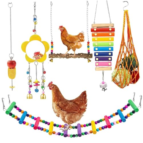 Pesoncarl 6 Stück Hühnerspielzeug, natürliche Holzschwung Chicken Leiter, Hühner Xylophon Spiegel mit Glockenfrüchten Hängende Feeder Hühnchen Coop Accessoires für Vögel Rooster Hens Küken von Pesoncarl