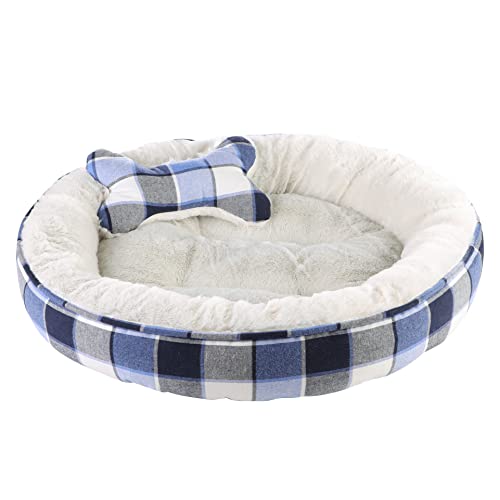 Pet Brands Hundebett, warmes, gemütliches, maschinenwaschbares, rundes Donut-Haustierbett, Fleece-Innenseite, blaues Kariertes Bett mit Hundespielzeug, 56 x 56 cm, 15 cm von Pet Brands