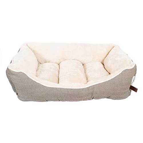 Pet Brands Luxuriöses Hundebett mit Fischgrätenmuster, Landhausstil, mit bequemer Plüsch-Innenseite, Größe M, 62 x 53 x 24 cm, Braun von Pet Brands