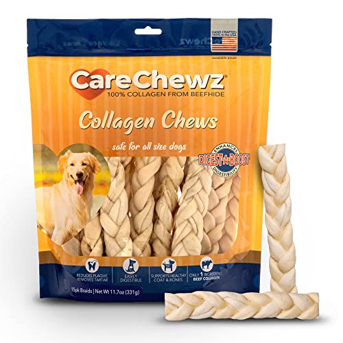 Pet Factory CareChewz Collagen 15,2–17,8 cm dünne geflochtene Stäbchen, Kau-Leckerlis für Hunde, natürlicher Geschmack, 15 Stück/1 Packung von Pet Factory