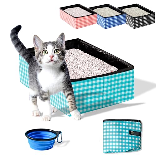 Pet Fit For Life Faltbare tragbare Katzentoilette (40,6 x 30,5 x 12,7 cm) – Faltbare und verstaubare Reise-Katzentoilette für Katzen – inklusive Wassernapf – Blaugrün von Pet Fit For Life