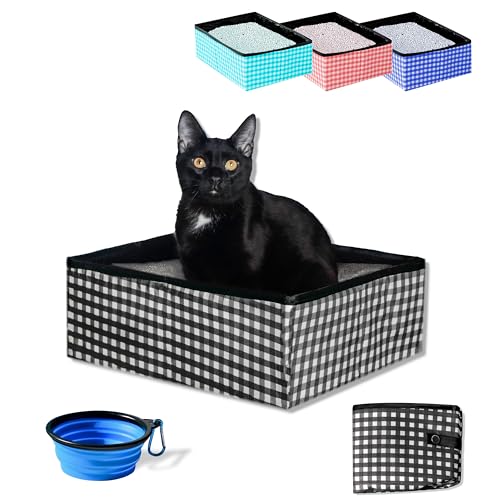 Pet Fit For Life Faltbare tragbare Katzentoilette (40,6 x 30,5 x 12,7 cm) – Faltbare und verstaubare Reise-Katzentoilette für Katzen – inklusive Wassernapf – Schwarz von Pet Fit For Life