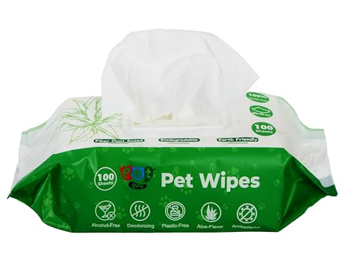 Pet Guru® Hunde und Katzen, 100 % plastikfrei, biologisch abbaubar, antibakteriell, desodorierend, Mehrzweck-Reinigungstücher, Faser, pflanzliche Basis, alkoholfreie Haustiertücher (100 Tücher, von Pet Guru