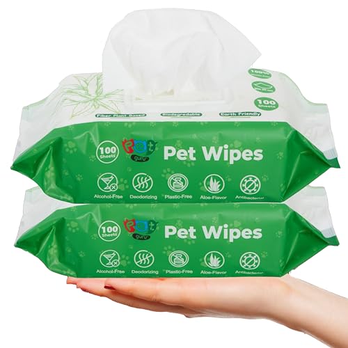 Pet Guru® Reinigungstücher für Hunde und Katzen, 100 % plastikfrei, biologisch abbaubar, Faserpflanze, alkoholfrei, 200 Tücher, geruchlos von Pet Guru