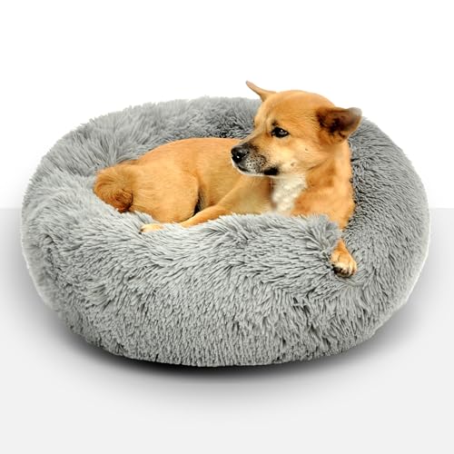 Pet Laud Beruhigendes Hundebett und Katzenbett, zotteliges, luxuriöses Donut-Haustierbett (kleine, mittelgroße, große Hundebetten), 100% recyceltes Material, hohe Nackenrolle, bequemes Kissen, rutschfeste Unterseite, waschbares Hundebett von Pet Laud