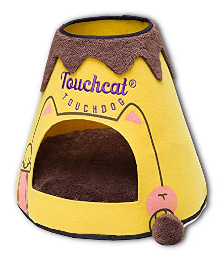 Touchcat 'Molten Lava' Triangular Frashion Designer Pet Kitty Cat Bed House Lounge Lounger w/Hanging Teaser Toy, Large, Brown and Yellow von Pet Life