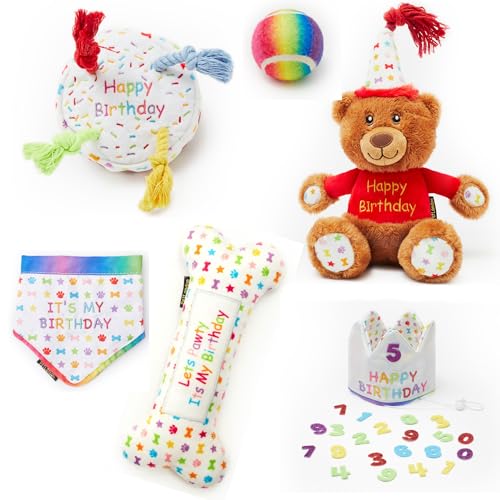 Dog Happy Birthday 6-teiliges Set, perfektes Geschenk für Hunde Happy Bday Feier, enthält Spielzeug, Krone Partyhut und Bandana (groß) von Pet London