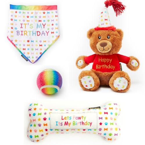 Dog Happy Birthday Geschenkset, 4-teiliges Geschenkset, perfekte Hunde Happy Bday Feier, inklusive Spielzeug und Bandana, groß von Pet London