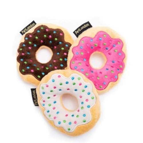 Pet London Iced Donut Set Plüsch Hundespielzeug 2er-Pack Sortiert Donut Fast Food Spielzeug Donut Soft Squeaky Fun interessant Soft Puppy Dog Dog Spielzeug Food Drink Chew Dog Interaktives Spielzeug von Pet London