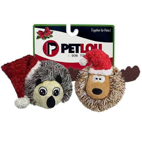 Pet Lou Christmas EZ Quietschender Ball, Igel und Rentier, 10,2 cm, rund, braun, Quietschspielzeug, Plüsch, Haustierspielzeug und Zubehör von Pet Lou