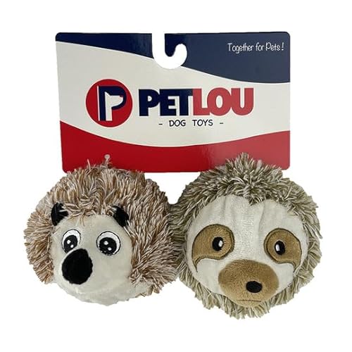 Pet Lou EZ Quietschball, Igel und Faultier, 10,2 cm Durchmesser, Braun, Plüsch, Haustierspielzeug und Zubehör, Doppelpack von Pet Lou