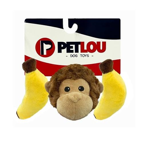 Pet Lou EZ Quietschender Ball, Affe und Banane, 10,2 cm Länge, Braun und Gelb, Plüsch, Haustierspielzeug und Zubehör, 3 Stück von Pet Lou