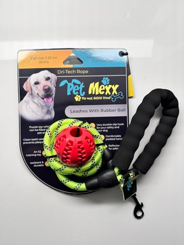 Pet Mexx Reflektierende Hundeleine mit Gummiball, starke und kaufeste Nylon-Hundeleine mit gepolstertem Griff, lange Trainingsleine für mittelgroße und große Hunde, mit Puzzle-Spielzeug, Leckerli-Ball von Pet Mexx