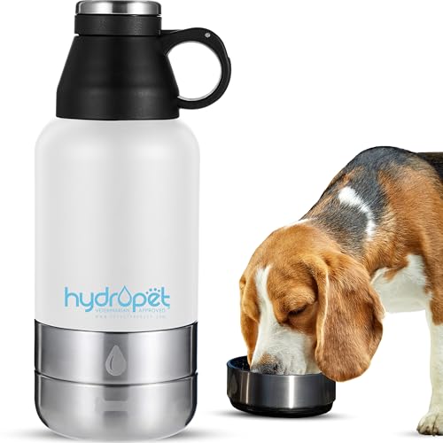 HydroPet Tragbare Wasserflasche & Futternapf Set, Edelstahl Reiseflasche mit Dual Bowls, Tragetasche & Gurt - Perfekt für Reisen, Spazierengehen, Wandern - Weiß, 907.2 g von Pet Vet PRODUCTS