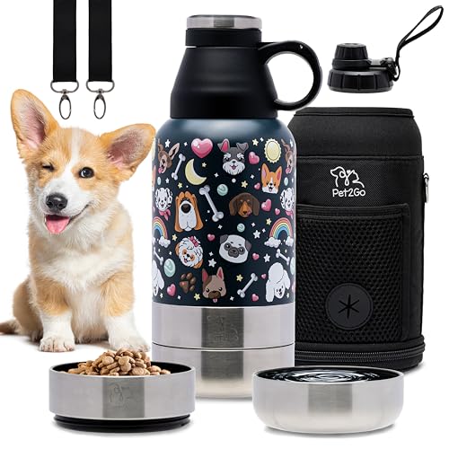Pet2Go Reise-Wasserflasche für Hunde (900 ml) und Leckerli-Set mit tragbaren, zusammenklappbaren Näpfen, Trinkspender-Set für unterwegs, unverzichtbares Zubehör für Spaziergänge, von Pet2Go