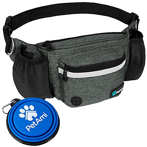 PetAmi Bauchtasche für Hunde, Leckerli-Tasche für Spaziergänge mit dem Hund, Training, integrierter Kotbeutelspender, Wasserflaschenhalter, Laufen, Trockenfutter (Anthrazit) von PetAmi