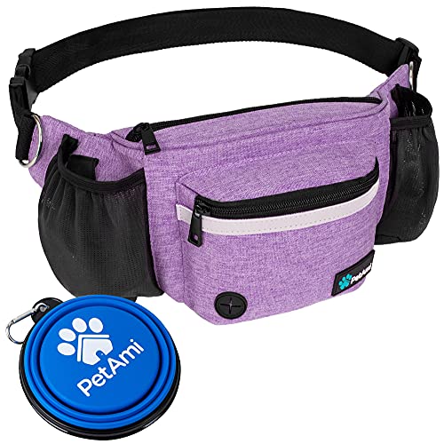 PetAmi Bauchtasche für Hunde, Leckerli-Tasche für Spaziergänge mit dem Hund, Training, integrierter Kotbeutelspender, Wasserflaschenhalter, zusammenklappbarer Schüssel, Laufen, Trockenfutter (lila) von PetAmi