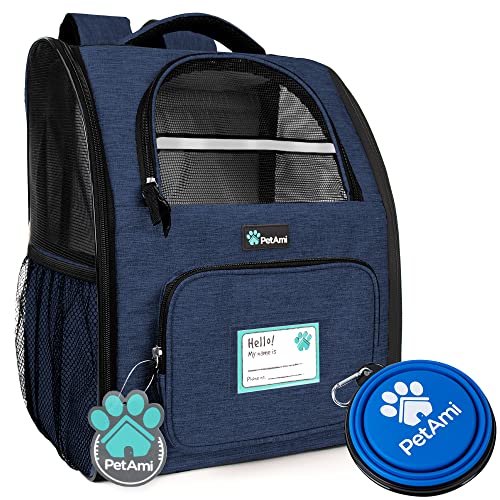 PetAmi Deluxe HaustierRucksack für kleine Katzen und Hunde Welpen belüftetes Design zweiseitiger Eingang Sicherheitsmerkmale und gepolsterte Rückenstütze für Reisen Wandern Outdoor (Heather Navy) von PetAmi