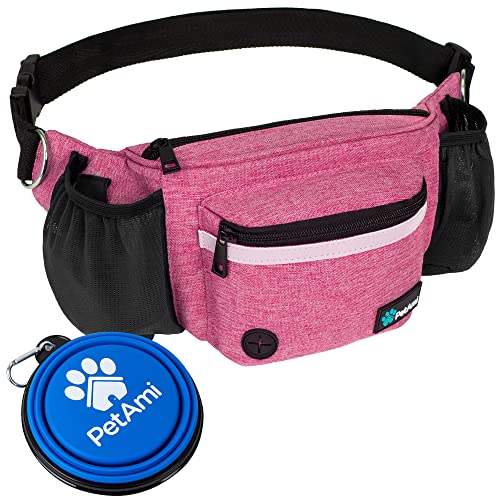 PetAmi Hunde-Bauchtasche, Leckerlibeutel für Hundespaziergänge, Training, eingebauter Kotbeutelspender, Wasserflaschenhalter, faltbarer Napf, Laufen, Trockenfutter (Rosa) von PetAmi