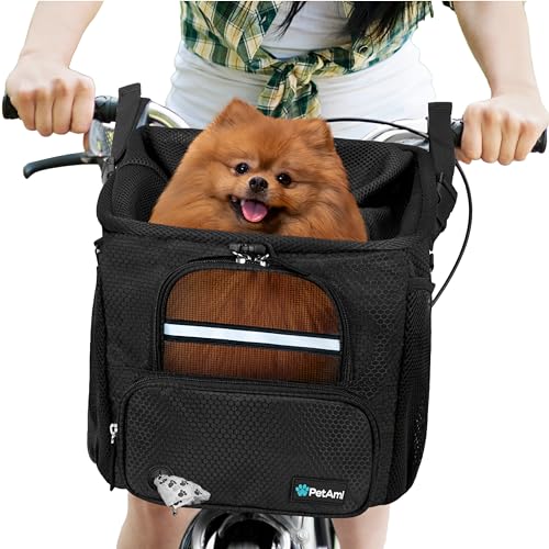 PetAmi Hunde-Fahrradkorbträger,Fahrradkorb für Hunde, Haustier, Fahrradlenker, belüfteter Haustier-Reiserucksack, Autositz, für kleine Welpen, Katzen, Sherpa-Bett, Sicherheitsgurt (schwarz) von PetAmi