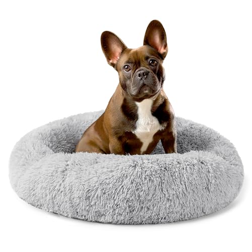 PetAmi Hundebett für kleine Hunde, rundes Donut-Welpenbett, beruhigendes Katzenbett, Kunstfell-Hundekissen, waschbares Haustierbett, Anti-Angst, flauschiges Plüsch, hellgrau, 58.4 cm von PetAmi