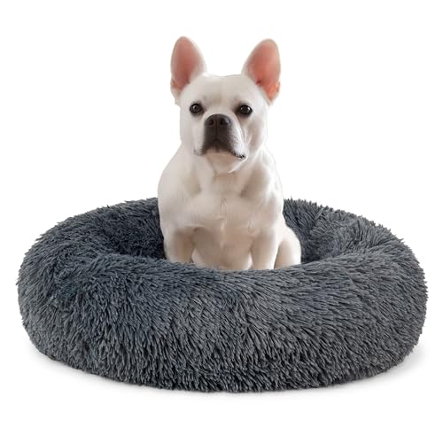 PetAmi Hundebett für kleine Hunde, rundes Donut-Welpenbett, beruhigendes Katzenbett, Kunstfell-Hundekissen, waschbares Haustierbett, weiches Kissen für mittelgroße Hunde, dunkelgrau 58.4 cm von PetAmi