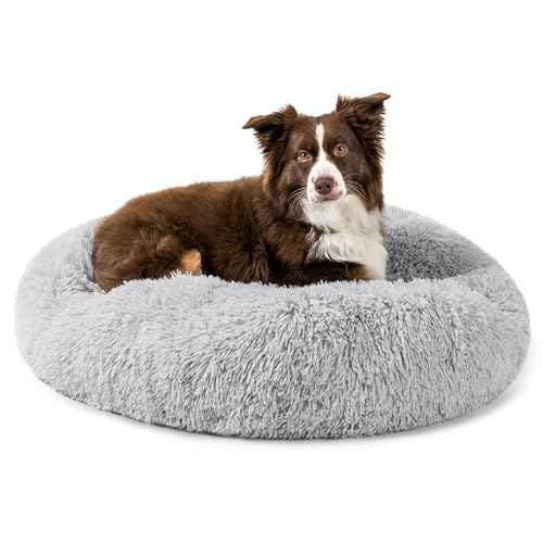 PetAmi Hundebett für mittelgroße Hunde, rundes Donut-Welpenbett, beruhigendes Katzenbett, Kunstfell-Hundekissen, waschbares Haustierbett, Anti-Angst, weiches Kissen für kleine Hunde, hellgrau 76.2 cm von PetAmi