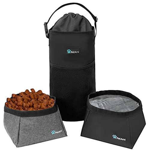 PetAmi Hundefutter-Reisetasche | Trockenfutter-Tragetasche für Hunde mit faltbarem Wassernapf-Set | Haustierfutter Reisebehälter Aufbewahrung für Camping, Wandern Ausrüstung Zubehör (schwarz, grau) von PetAmi