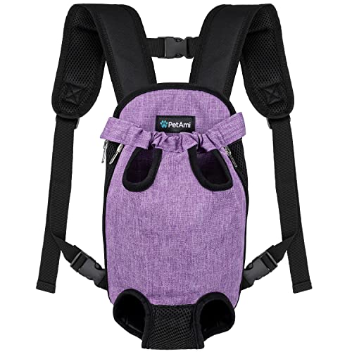 PetAmi Hundetragetasche Rucksack, Verstellbarer Hund Haustier Katze Fronttragetasche Rucksack,Belüfteter Hund Brustträger für Wandern Camping Reisen, Groß, Lila von PetAmi