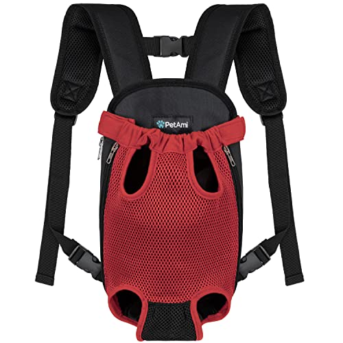 PetAmi Hundetragetasche Rucksack, Verstellbarer Hund Haustier Katze Fronttragetasche Rucksack,Belüfteter Hund Brustträger für Wandern Camping Reisen, Groß, Rot von PetAmi