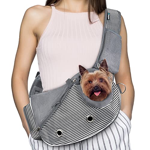 PetAmi Hundetragetuch für kleine Hunde, Welpen-Tragetasche, Tragetasche für mittelgroße Katze, verstellbare Crossbody-Haustierschlinge, atmungsaktiv, Kotbeutelspender, max. 2,3 kg, Streifen schwarz von PetAmi