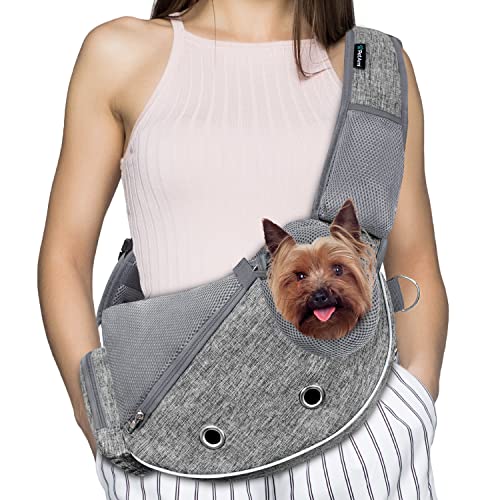 PetAmi Hundetragetuch für kleine Hunde, Welpen-Tragetasche, Tragetasche für mittelgroße Katze, verstellbare Crossbody-Haustierschlinge, atmungsaktives Mesh, Kotbeutelspender, max. 4,5 kg, Grau von PetAmi