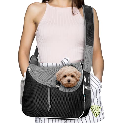 PetAmi Kleine Hundetragetasche, weiche Seiten, Crossbody-Welpen-Tragetasche, verstellbare Tragetasche, für mittelgroße Hunde, Katze für Reisen, atmungsaktives Mesh, Sherpa-Bett, Schwarz von PetAmi