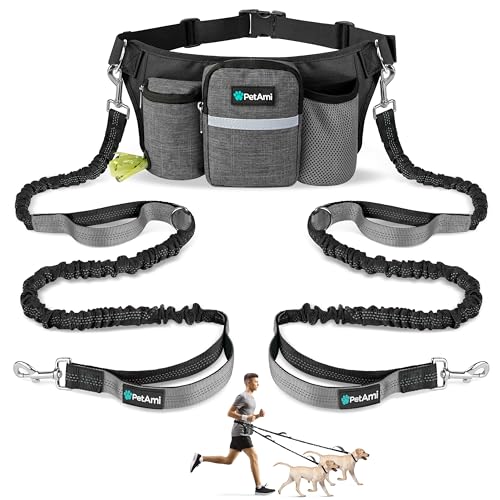 PetAmi Premium-Hundeleine für 2 Hunde, verstellbarer Hüftgurt für Spaziergänge mit dem Hund, Gürteltasche, Zubehörtasche, Doppel-Bungee-Leine zum Laufen, Wandern, Joggen, Radfahren, Anthrazit von PetAmi