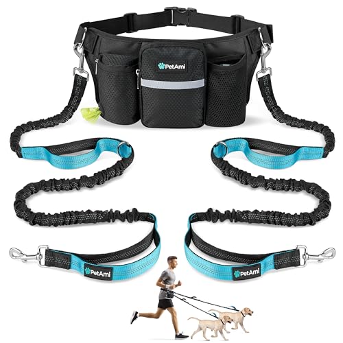 PetAmi Premium-Hundeleine für 2 Hunde, verstellbarer Hüftgurt für Spaziergänge mit dem Hund, Gürteltasche, Zubehörtasche, Doppel-Bungee-Leine zum Laufen, Wandern, Joggen, Radfahren, Schwarz von PetAmi