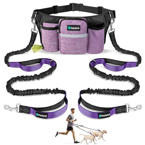 PetAmi Premium-Hundeleine für 2 Hunde, verstellbarer Hüftgurt für Spaziergänge mit dem Hund, Gürteltasche, Zubehörtasche, Doppel-Bungee-Leine zum Laufen, Wandern, Joggen, Radfahren, Violett von PetAmi