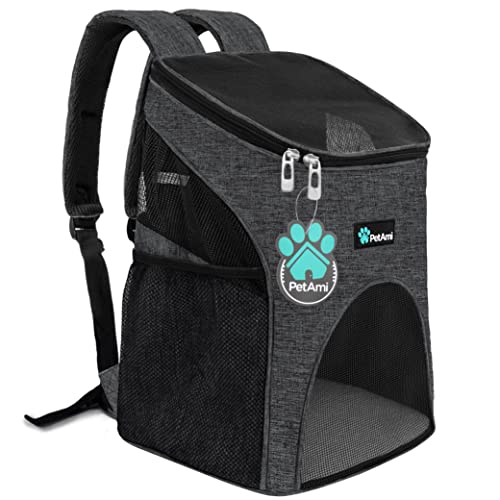 PetAmi Rucksack für kleine Hunde und Katzen, von Fluggesellschaften zugelassen, belüftet, Sicherheitsgurt, Schnallenstütze für Wandern, Reisen, Camping, Outdoor, max. 8,2 kg (dunkelgrau) von PetAmi