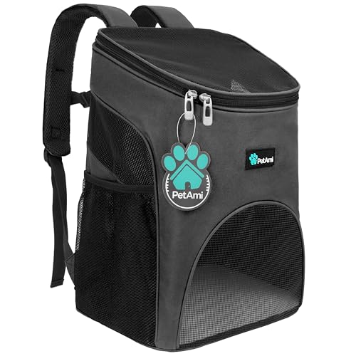 PetAmi Rucksack für kleine Hunde und Katzen, von Fluggesellschaften zugelassen, belüftet, Sicherheitsgurt, Schnallenstütze für Wandern, Reisen, Camping, Outdoor, max. 8,2 kg (grau) von PetAmi