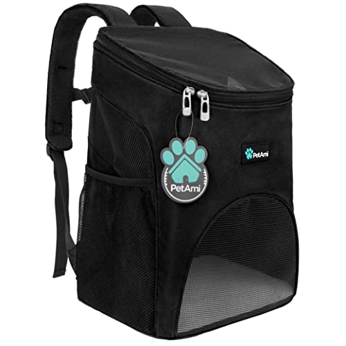 PetAmi Rucksack für kleine Hunde und Katzen, von Fluggesellschaften zugelassen, belüftet, Sicherheitsgurt, Schnallenstütze für Wandern, Reisen, Camping, Outdoor, max. 8,2 kg (schwarz) von PetAmi