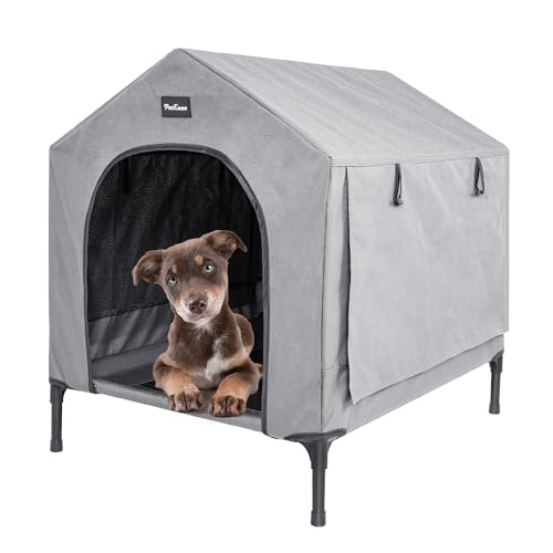 PETEASE 2-in-1-Hundehütte, erhöhtes Hundebett mit abnehmbarem Bezug, für drinnen und draußen, Welpenunterschlupfbett, erhöhtes Hundebett für kleine Hunde und Katzen (Grau, klein) von PetEase