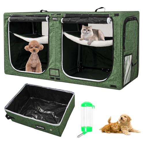 PETEASE Tragbare Doppelbox für Hunde und Katzen, 2 Fächer, Katzenhütte, Reise-Tragetasche mit Wasserflasche/Katzentoilette, Laufstall mit zwei Zimmern von PetEase